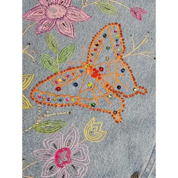 VTG Tantrums Embroidered Floral Denim Jacket Sz L Butterflies 90s Hippie Boho - Picture 13 of 16